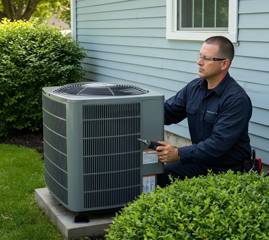 HVAC technician repairing central air conditioning unit in Omaha Nebraska