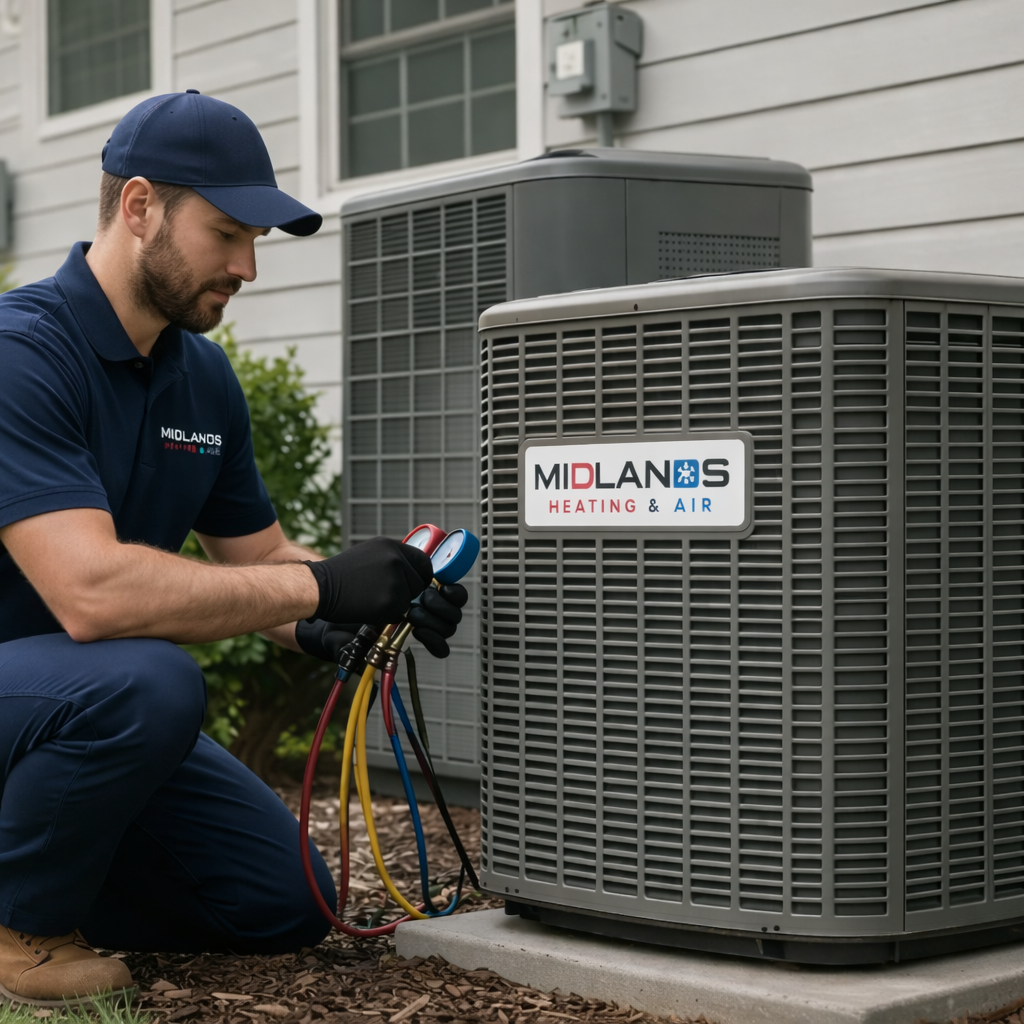 technician performing air conditioning system tune up